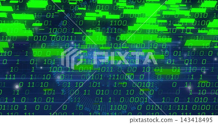 Pulsing green binary code flowing across net on incoming data, showing encryption with circuits 143418495
