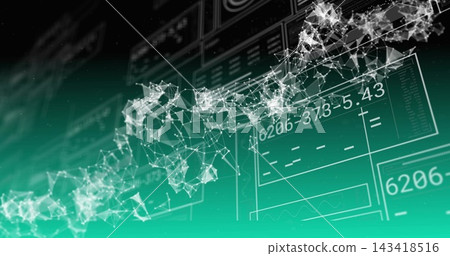Streaming data driving wireframe network shifting on dashboard, showing lit nodes and numeric reads Streaming data driving wireframe network shifting on dashboard, showing lit nodes and numeric reads 143418516