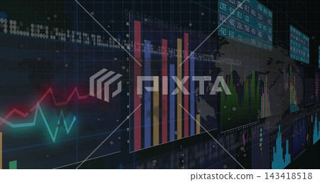 Displaying tall multicolor bar chart on curved control-room wall, with neon line graphs and tickers Displaying tall multicolor bar chart on curved control-room wall, with neon line graphs and tickers 143418518