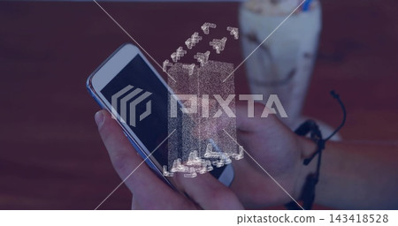 Projecting 3D hologram, male hands in short sleeves holding smartphone above wooden table, bracelet Projecting 3D hologram, male hands in short sleeves holding smartphone above wooden table, bracelet 143418528