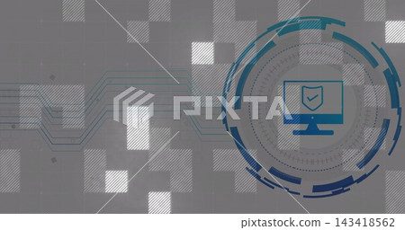 Showing round interface in abstract digital graphic on right with monitor shield icon, copy space Showing round interface in abstract digital graphic on right with monitor shield icon, copy space 143418562