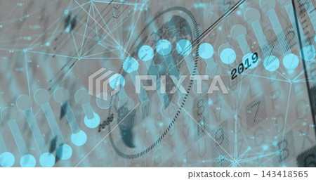 Dominating stylized DNA helix running diagonally in art showing banknote 2019 and network globe Dominating stylized DNA helix running diagonally in art showing banknote 2019 and network globe 143418565