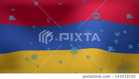 Displaying stylized tricolor bands across digital banner, with truck, parcel, pound, sale icons Displaying stylized tricolor bands across digital banner, with truck, parcel, pound, sale icons 143418592