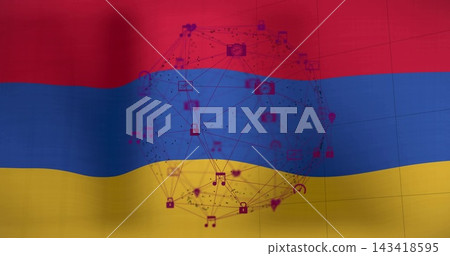 Displaying translucent network sphere hovering over wrinkled tricolor fabric in studio with icons Displaying translucent network sphere hovering over wrinkled tricolor fabric in studio with icons 143418595