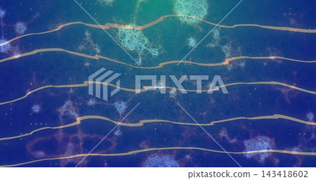 Flowing thin wavy gold ribbons spanning blue-violet field, with filaments and glowing dots Flowing thin wavy gold ribbons spanning blue-violet field, with filaments and glowing dots 143418602