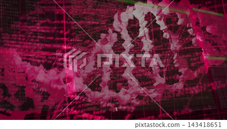 Displaying magenta DNA double helix spanning frame, with code, numeric readouts, grid panels Displaying magenta DNA double helix spanning frame, with code, numeric readouts, grid panels 143418651