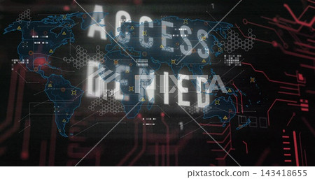 Displaying distressed ACCESS DENIED overlaying world map on security dashboard, showing hex nodes Displaying distressed ACCESS DENIED overlaying world map on security dashboard, showing hex nodes 143418655
