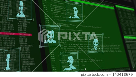 Displaying central GUI overlaying facial headshots on green code on monitor, showing redacted lines Displaying central GUI overlaying facial headshots on green code on monitor, showing redacted lines 143418679