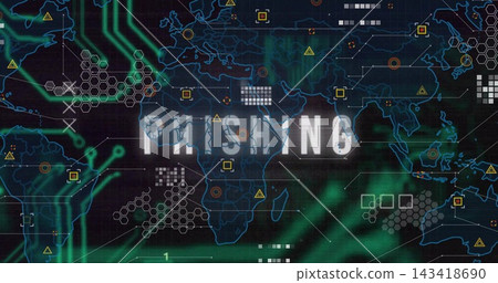 Dominating PHISHING label over map at security interface, with neon circuits and warning triangles Dominating PHISHING label over map at security interface, with neon circuits and warning triangles 143418690