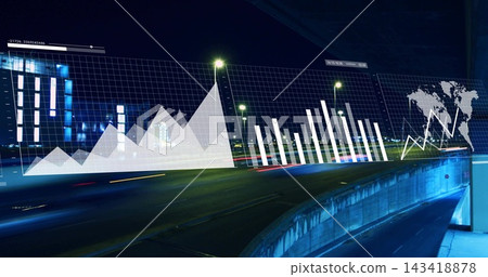Projecting transparent data overlay covering elevated highway at night, with light trails Projecting transparent data overlay covering elevated highway at night, with light trails 143418878