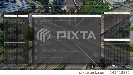 Displaying central code window hovering over aerial highway junction, showing ID USER PASS panels Displaying central code window hovering over aerial highway junction, showing ID USER PASS panels 143418881
