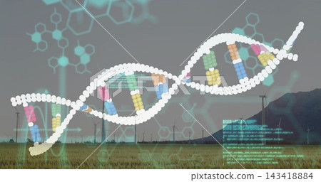 Displaying large DNA double helix stretching across wind farm with turbines, showing teal overlays Displaying large DNA double helix stretching across wind farm with turbines, showing teal overlays 143418884