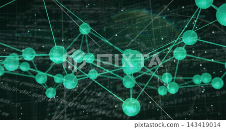 Displaying glowing teal nodes connecting by thin lines in data space, with grid and code overlays 143419014