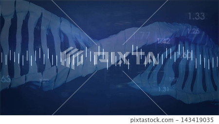 Twisting DNA helix crossing white waveform bars in virtual bio display, with numeric overlays Twisting DNA helix crossing white waveform bars in virtual bio display, with numeric overlays 143419035