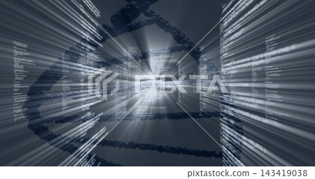 Rotating stylized DNA double helix through virtual data tunnel, with code columns and light flare 143419038