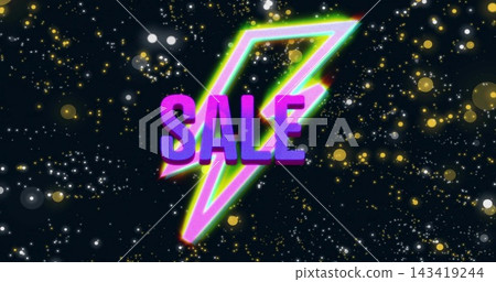 Featuring centered neon lightning bolt glowing on cosmic backdrop, with 3D SALE and bokeh 143419244