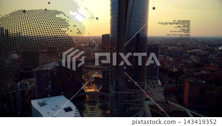 Glinting twin curved glass towers reflecting golden sunset from rooftop view, with HUD overlay Glinting twin curved glass towers reflecting golden sunset from rooftop view, with HUD overlay 143419352