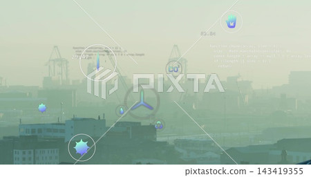 Displaying HUD cluster overlaying port skyline at dawn, showing rotor icon, cranes and HVAC units Displaying HUD cluster overlaying port skyline at dawn, showing rotor icon, cranes and HVAC units 143419355
