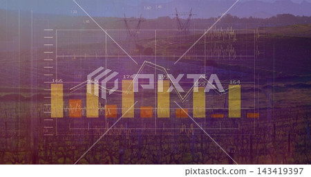 Overlaying translucent bar and line chart across vineyard at dusk, showing yellow bars, white line Overlaying translucent bar and line chart across vineyard at dusk, showing yellow bars, white line 143419397