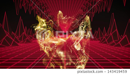 Swirling golden particle plume streaming forward in virtual tunnel, with red wireframe grid floor Swirling golden particle plume streaming forward in virtual tunnel, with red wireframe grid floor 143419459