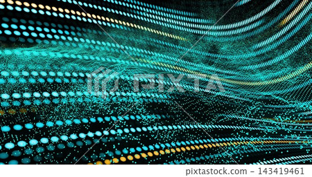 Rippling turquoise dots and particles flowing diagonally in 3D space with yellow-orange accents Rippling turquoise dots and particles flowing diagonally in 3D space with yellow-orange accents 143419461