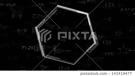 Displaying heptagonal polygon with dotted inner path at digital studio, with equations and diagrams Displaying heptagonal polygon with dotted inner path at digital studio, with equations and diagrams 143419477