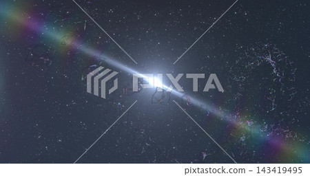 Emitting diagonal beam, bright star casting lens flares with wireframe polyhedra in deep space Emitting diagonal beam, bright star casting lens flares with wireframe polyhedra in deep space 143419495