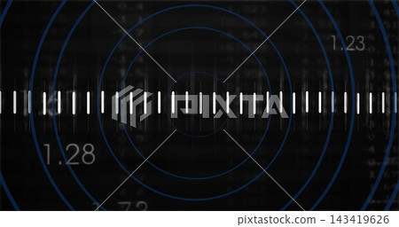 Displaying central white vertical bar array on digital display, showing concentric blue circles Displaying central white vertical bar array on digital display, showing concentric blue circles 143419626