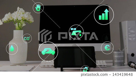 Showing desktop monitor with black screen and eco icons at home desk, tablet and keyboard Showing desktop monitor with black screen and eco icons at home desk, tablet and keyboard 143419648