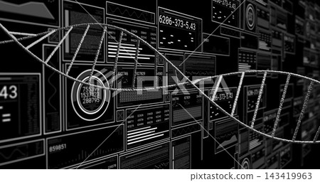 Receiving live data, analytics dashboard moving 3D DNA helix across wall, displaying genomic data Receiving live data, analytics dashboard moving 3D DNA helix across wall, displaying genomic data 143419963