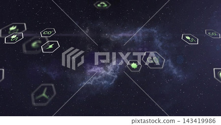 Floating central nebula and hexagonal badges drifting across deep space, showing neon CO2 icons Floating central nebula and hexagonal badges drifting across deep space, showing neon CO2 icons 143419986