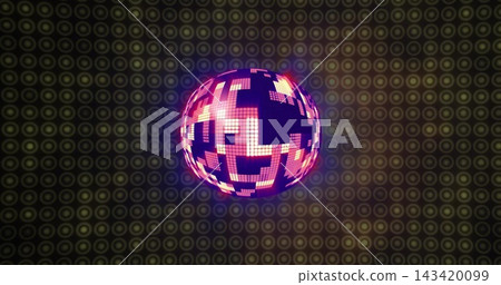 Glowing pixel LED globe emitting magenta light on stage, with tiles, halo and target backdrop Glowing pixel LED globe emitting magenta light on stage, with tiles, halo and target backdrop 143420099