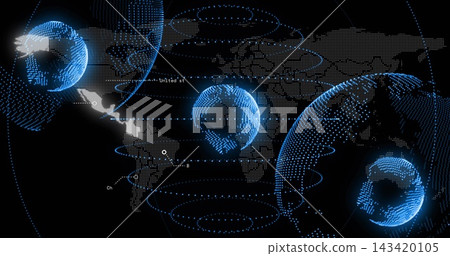 Displaying large right-side dotted globe orbiting over dotted world map with concentric rings Displaying large right-side dotted globe orbiting over dotted world map with concentric rings 143420105