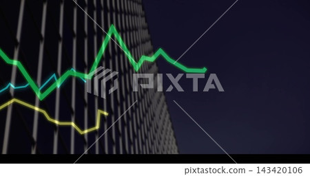Displaying office facade with grid windows tracing 3 neon line graphs against navy sky, letterbox Displaying office facade with grid windows tracing 3 neon line graphs against navy sky, letterbox 143420106