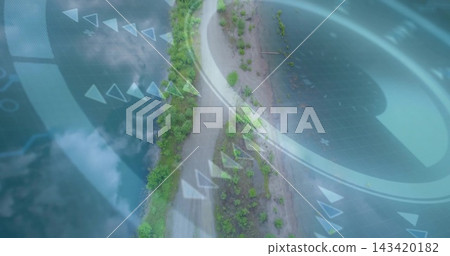 Showing narrow land spit centered, featuring winding path, green shrubs, water reflections, HUD Showing narrow land spit centered, featuring winding path, green shrubs, water reflections, HUD 143420182