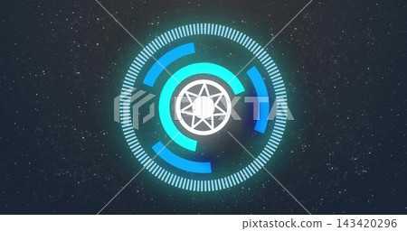 Displaying central futuristic circular HUD graphic floating in space backdrop, with star emblem 143420296