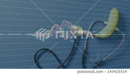 Displaying stethoscope and yellow hearing aid resting on dark blue tabletop with waveform gridlines Displaying stethoscope and yellow hearing aid resting on dark blue tabletop with waveform gridlines 143420314
