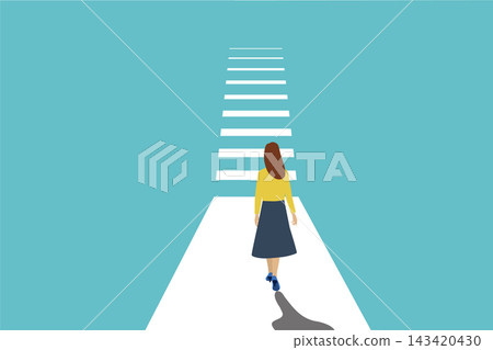 一幅簡單的向量插圖，描繪了一位女性攀登事業階梯、走向成功並不斷晉升的歷程。 143420430