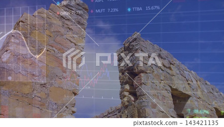 Displaying stone ruins merging with financial overlay in arid terrain, showing niche and rubble Displaying stone ruins merging with financial overlay in arid terrain, showing niche and rubble 143421135