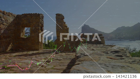 Displaying center stone pillar and broken wall overlooking bay, financial chart tracing over stones 143421136