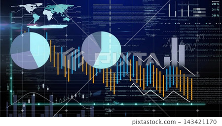 Displaying central data dashboard on monitor, showing two pie charts, orange-blue bars, teal lines Displaying central data dashboard on monitor, showing two pie charts, orange-blue bars, teal lines 143421170
