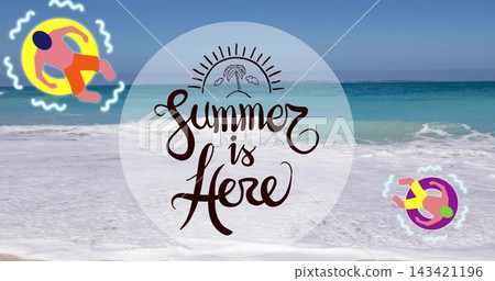 Showing circle graphic floating over beach, with hand-drawn summer message and floaters in swimwear Showing circle graphic floating over beach, with hand-drawn summer message and floaters in swimwear 143421196