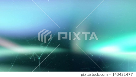 Glowing light band, central column creating horizon in digital space, with nodes, star specks, haze Glowing light band, central column creating horizon in digital space, with nodes, star specks, haze 143421477