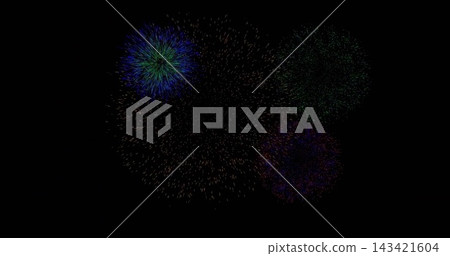Bursting multicolor fireworks sending radial spark trails in night sky, central orange spark cloud Bursting multicolor fireworks sending radial spark trails in night sky, central orange spark cloud 143421604