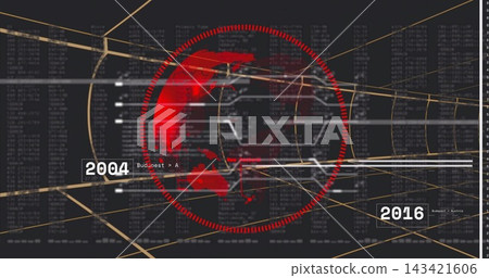 Rotating stylized red globe within dotted red ring in virtual HUD, showing hex wireframe, gold grid Rotating stylized red globe within dotted red ring in virtual HUD, showing hex wireframe, gold grid 143421606