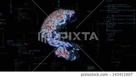 Rotating crescent-shaped 3D particle cluster radiating in dashboard, with binary digits and code 143421607