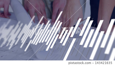 Examining team hands arranging rolled plans at office table, showing casual sleeves, white overlay Examining team hands arranging rolled plans at office table, showing casual sleeves, white overlay 143421635