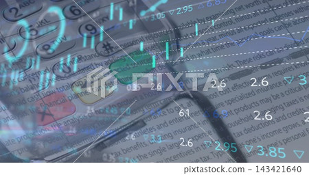 Featuring round-key calculator sitting on financial report on desk, with pen, glasses and charts Featuring round-key calculator sitting on financial report on desk, with pen, glasses and charts 143421640