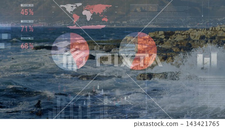 Crashing waves and rocky shoreline colliding at coast, with circular charts, world map, 45% 71% 68% Crashing waves and rocky shoreline colliding at coast, with circular charts, world map, 45% 71% 68% 143421765