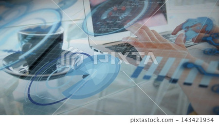 Typing hands pressing keys on laptop at office glass desk, with cup, HUD overlays, light sleeves Typing hands pressing keys on laptop at office glass desk, with cup, HUD overlays, light sleeves 143421934